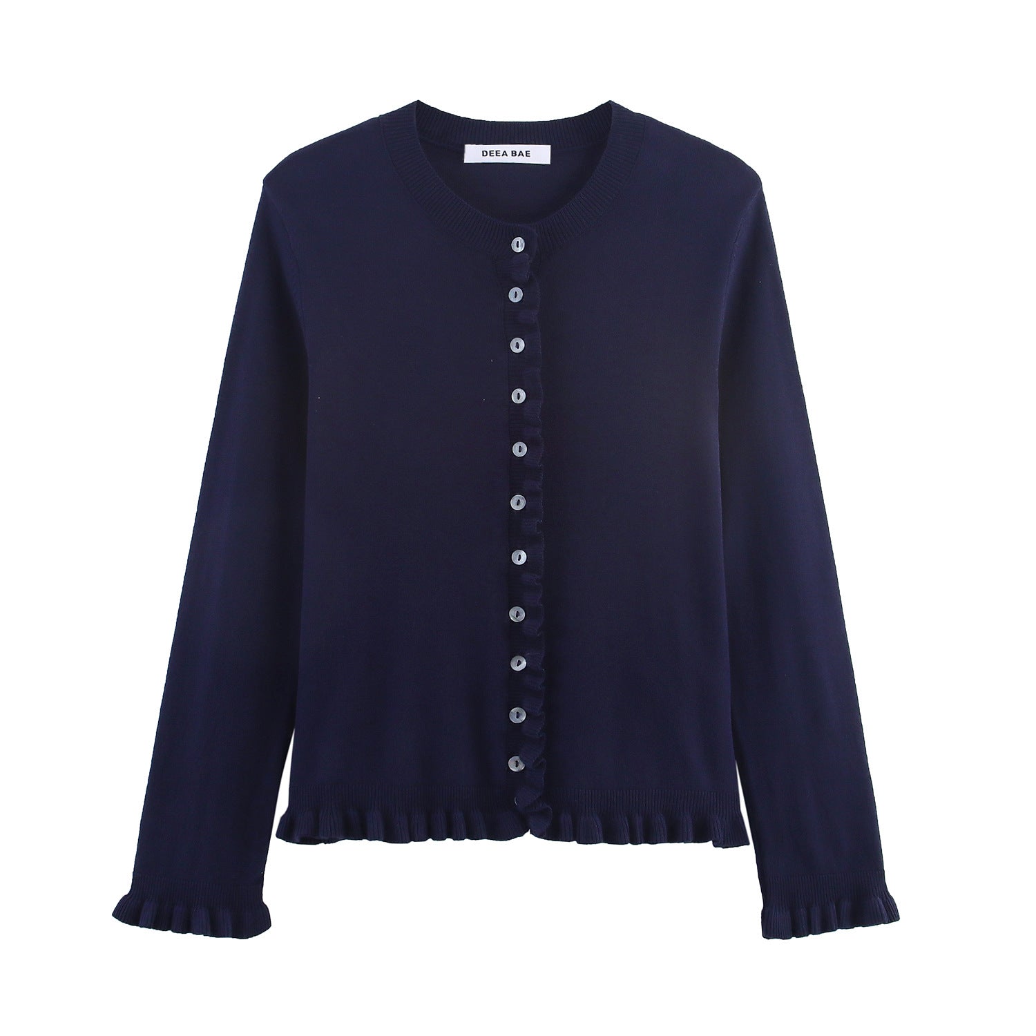 Ladies' Fine Knit Cardigan with Ruffle Trim and Pearl Buttons Chichicherry