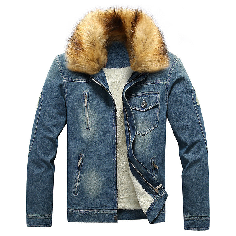 Men's denim jacket with teddy lining, padded interior, and removable faux fur collar Chichicherry