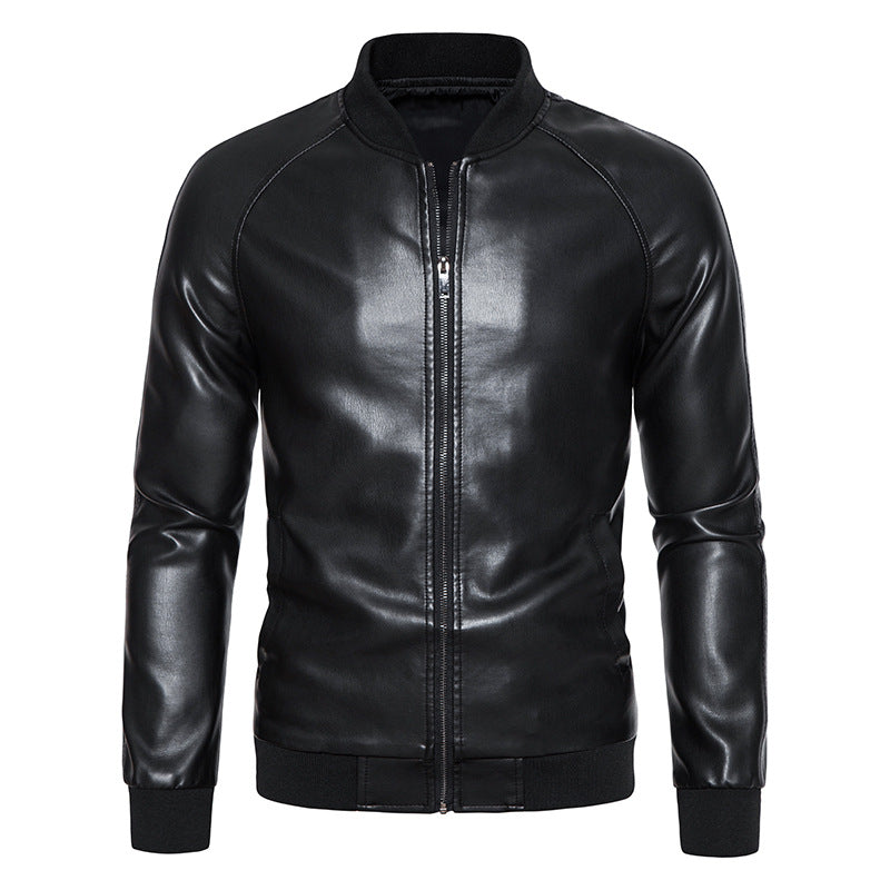 Men's Faux Leather Bomber Jacket in Slim Fit with Ribbed Cuffs and Concealed Zipper Placket Chichicherry