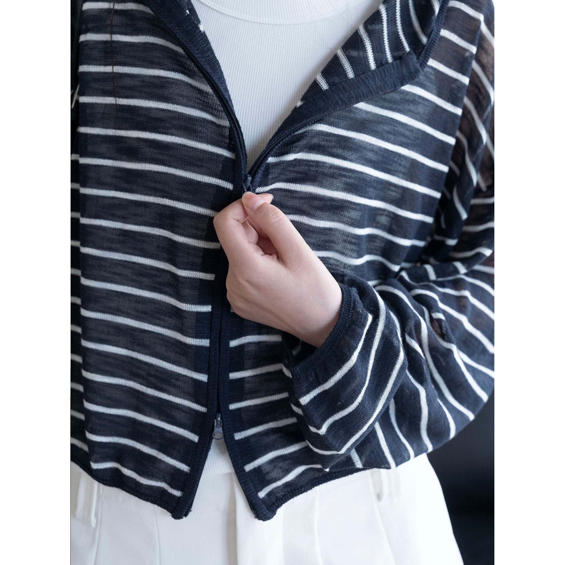 Ladies Striped Lightweight Hoodie Cardigan with Zipper Chichicherry