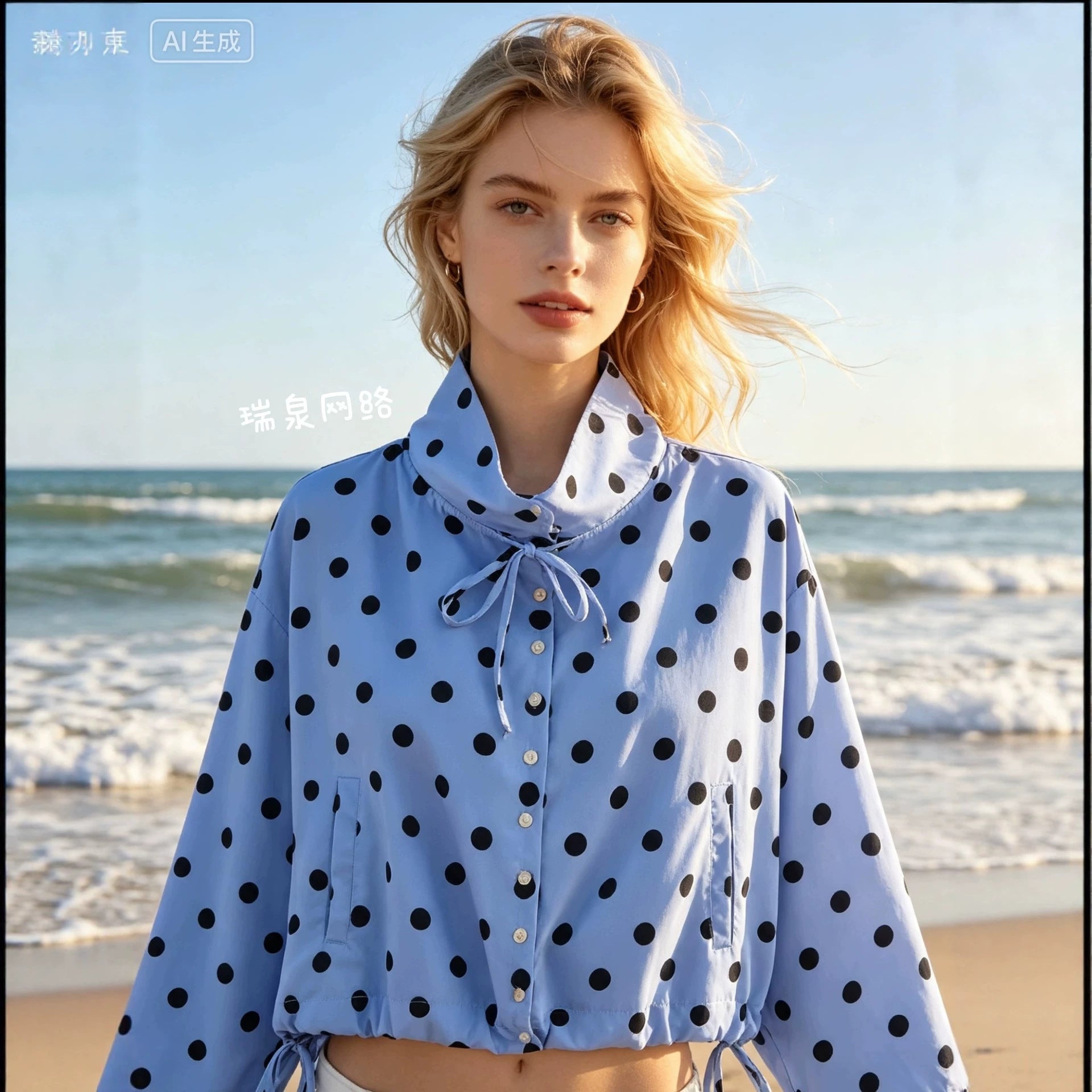Women's Light Blouse with Polka Dot, Feminine Puff Sleeve and Full Button Placket Chichicherry