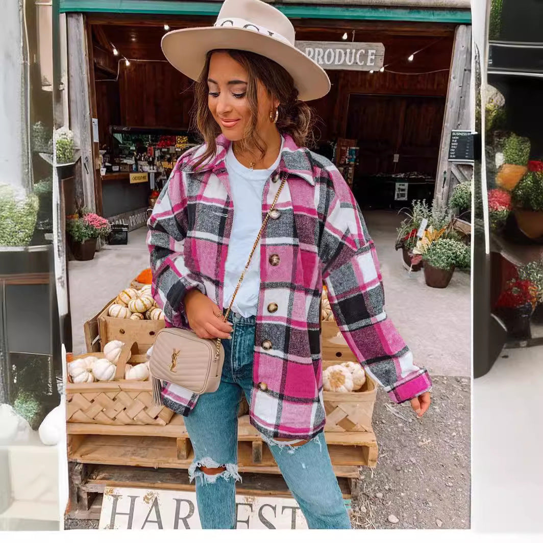 Damen Oversized Kariertes Flanell‑Shacket mit Brusttaschen und Holzknöpfen Chichicherry