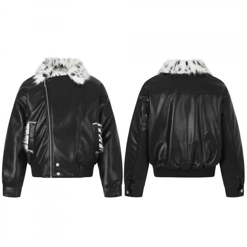 Women's Boxy Faux Leather Bomber Jacket with Asymmetrical Zipper and Cozy Faux Fur Collar Chichicherry