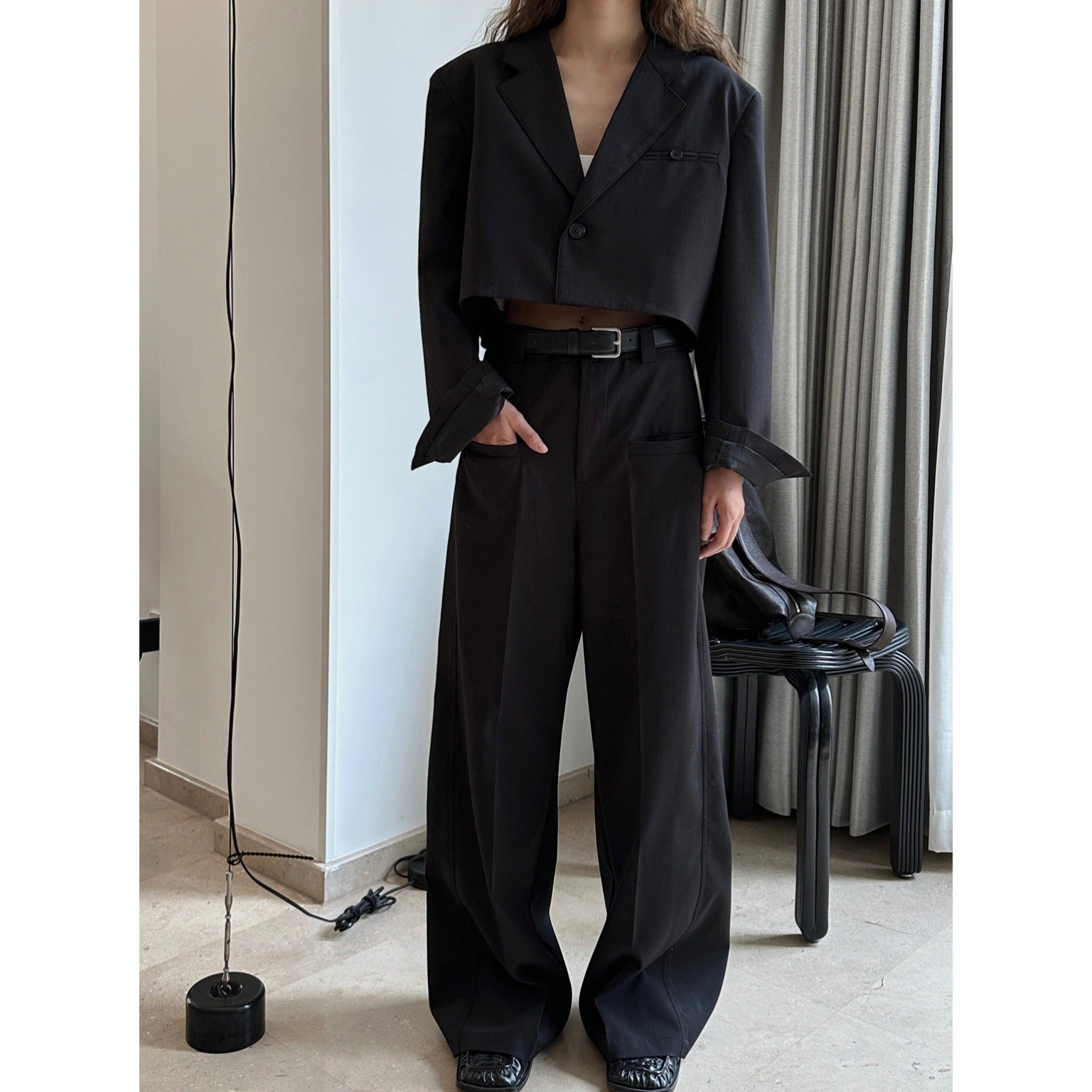 Women High-waisted Pleated Palazzo Pants with Sewn-in Side Pockets Chichicherry