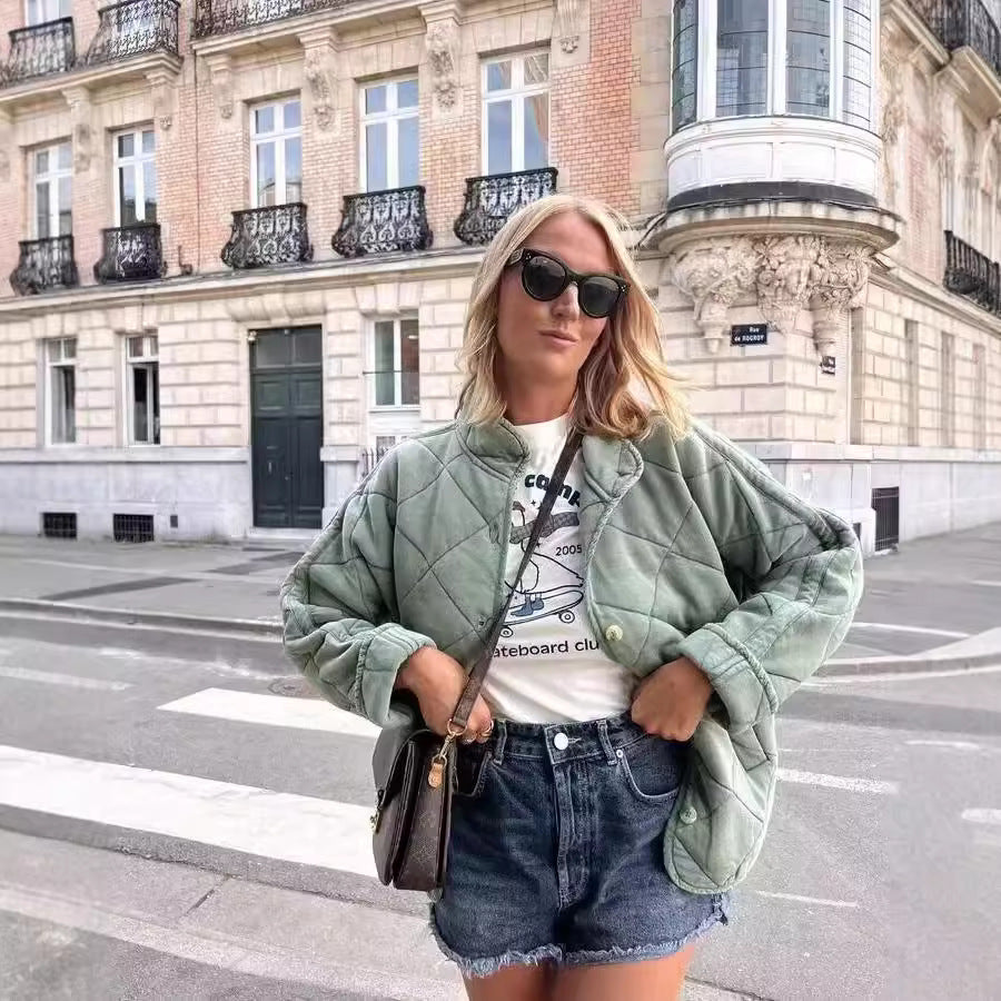 Women Padded Quilted Jacket with Stand-up Collar and Oversized Cut Chichicherry