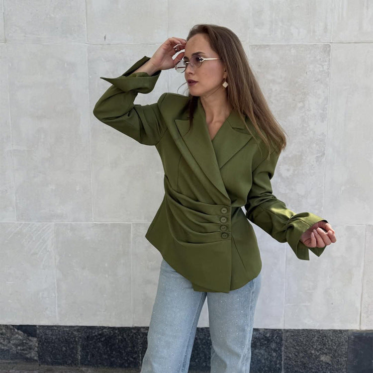 Women's Tailored Blazer Set with Asymmetrical Button Closure and Relaxed Pleated Trousers Chichicherry