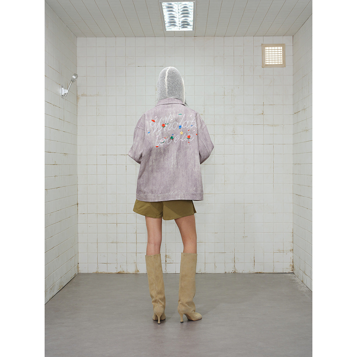 Unisex Boxy Denim Jacket with Acid Wash Effect, Flap Pockets and Floral Chest Embroidery Chichicherry