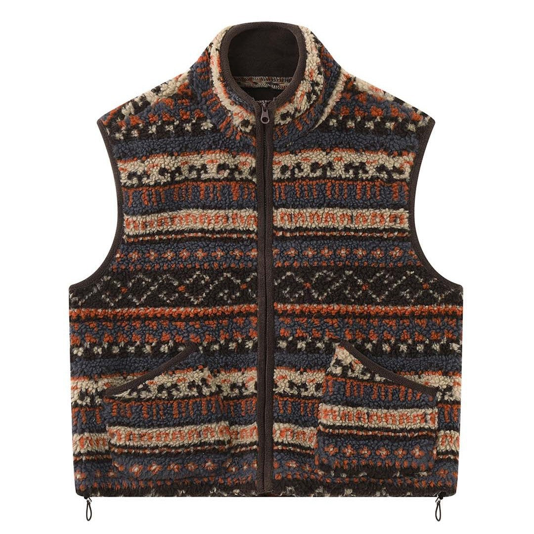 Women Patterned Fleece Vest with Stand-Up Collar and Zipper Chichicherry