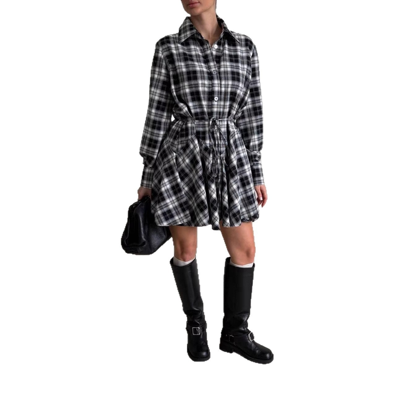 Damen Kariertes Hemdblusen-Minikleid mit ausgestellter Volant-Taille Chichicherry
