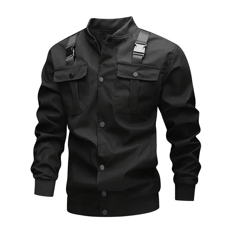 Men's Utility-Style Bomber Jacket with Shoulder Straps, Snap Button Placket & Flap Pockets Chichicherry