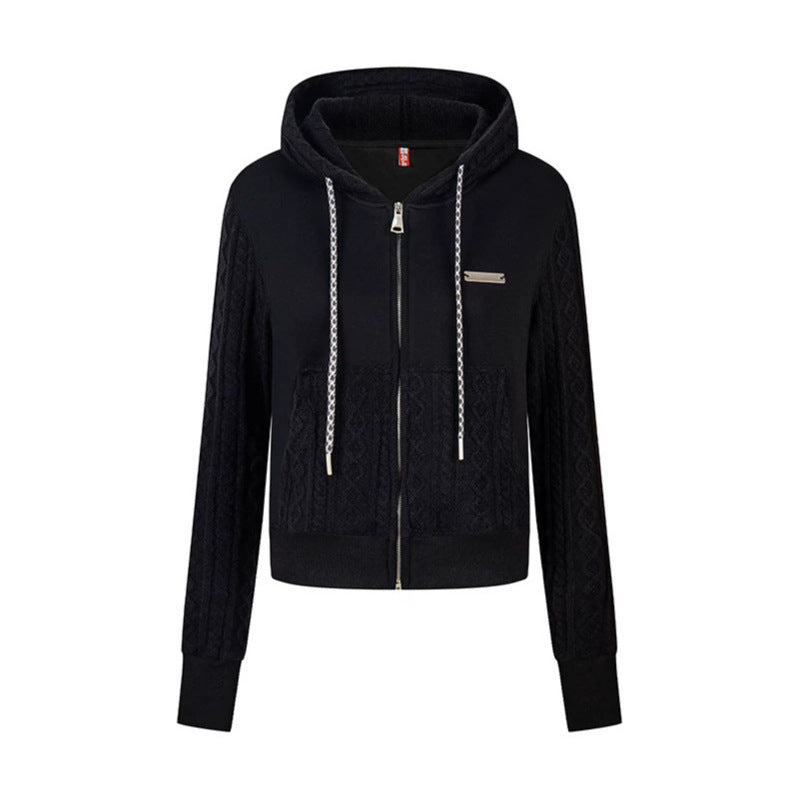 Women's short-cut hooded jacket with textured knit panels, drawstring, and metal zipper Chichicherry
