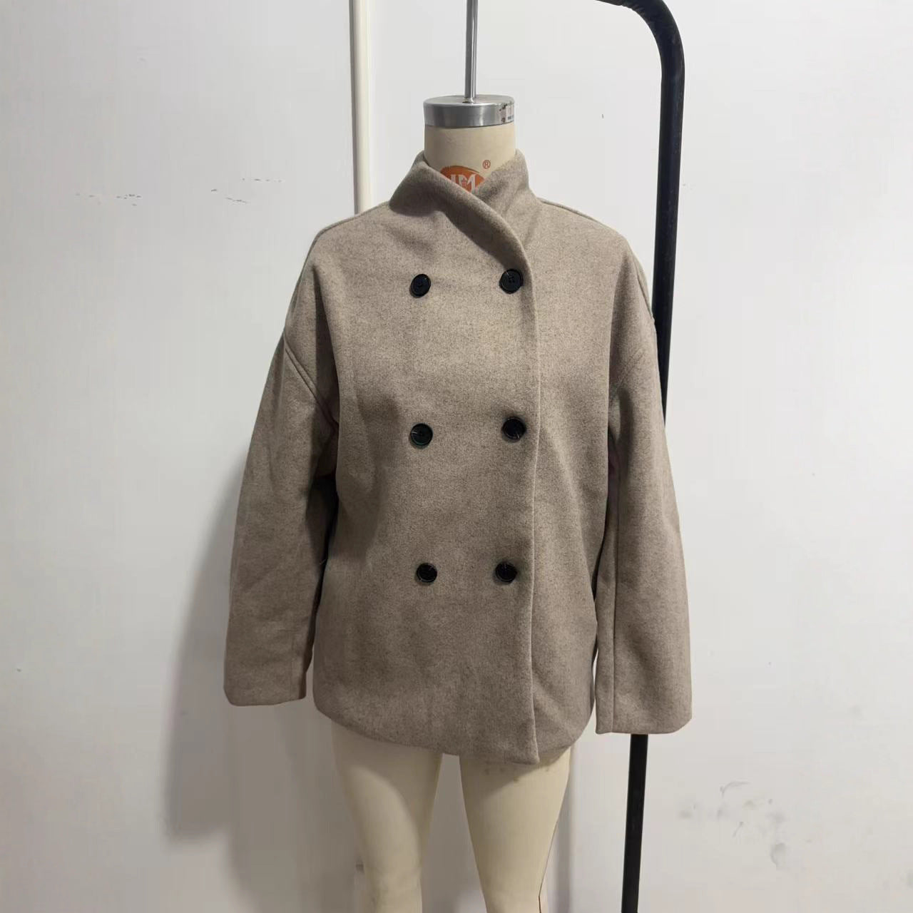 Ladies Short Double-Breasted Wool Coat with Stand-up Collar Chichicherry
