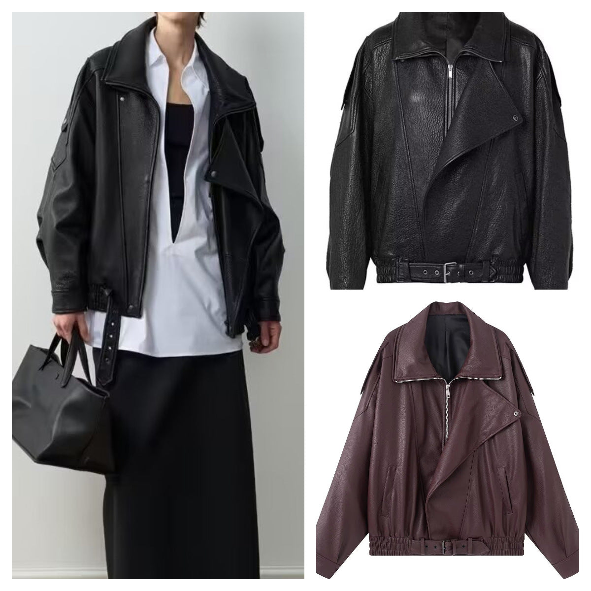 Ladies Oversize Faux Leather Biker Jacket with Asymmetrical Zipper, Belt and Elastic Waist Chichicherry