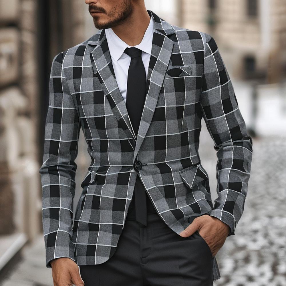 Men's Tailored Check Pattern Blazer with One Button and Shawl Collar Chichicherry