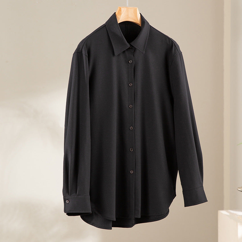 Women's Oversize Satin Blouse in Shirt Cut with Classic Collar and Rounded Hem Chichicherry