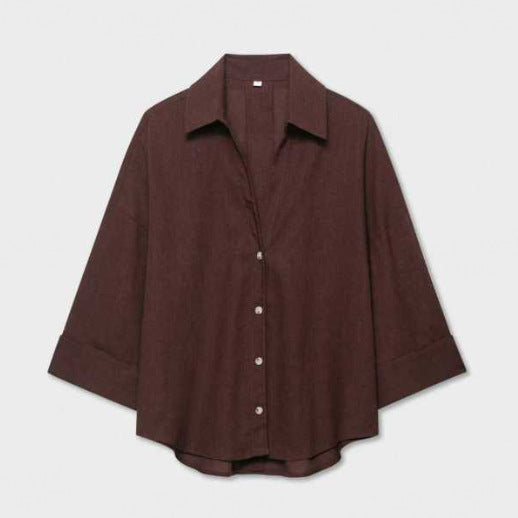 Women's Lightweight Oversized Linen Look Blouse with Three-Quarter Sleeves and Full Button Placket Chichicherry