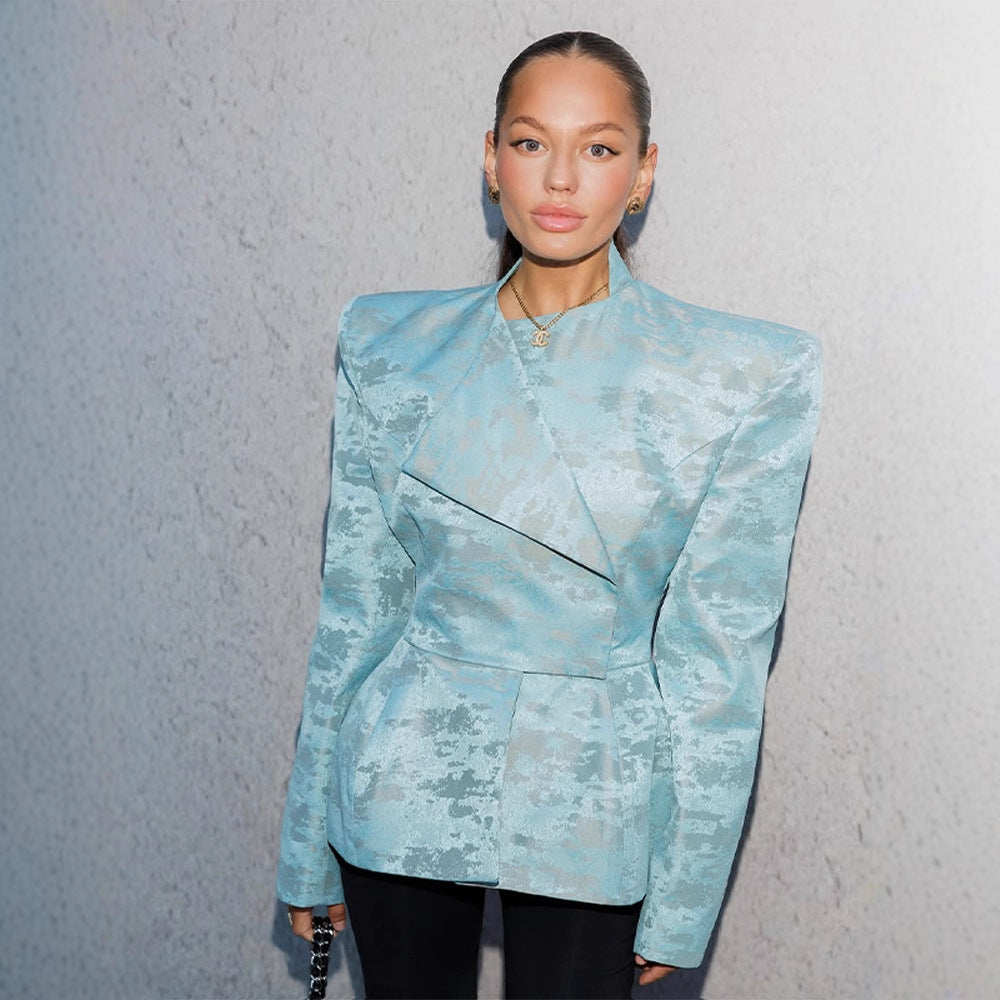 Ladies Tailored Jacquard Blazer with Defined Shoulders, Peplum and Asymmetrical Lapel Chichicherry