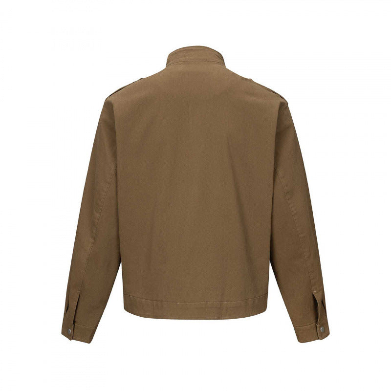 Men's short-cut field jacket made of cotton canvas with stand-up collar, shoulder flaps, and adjustable flap pockets Chichicherry