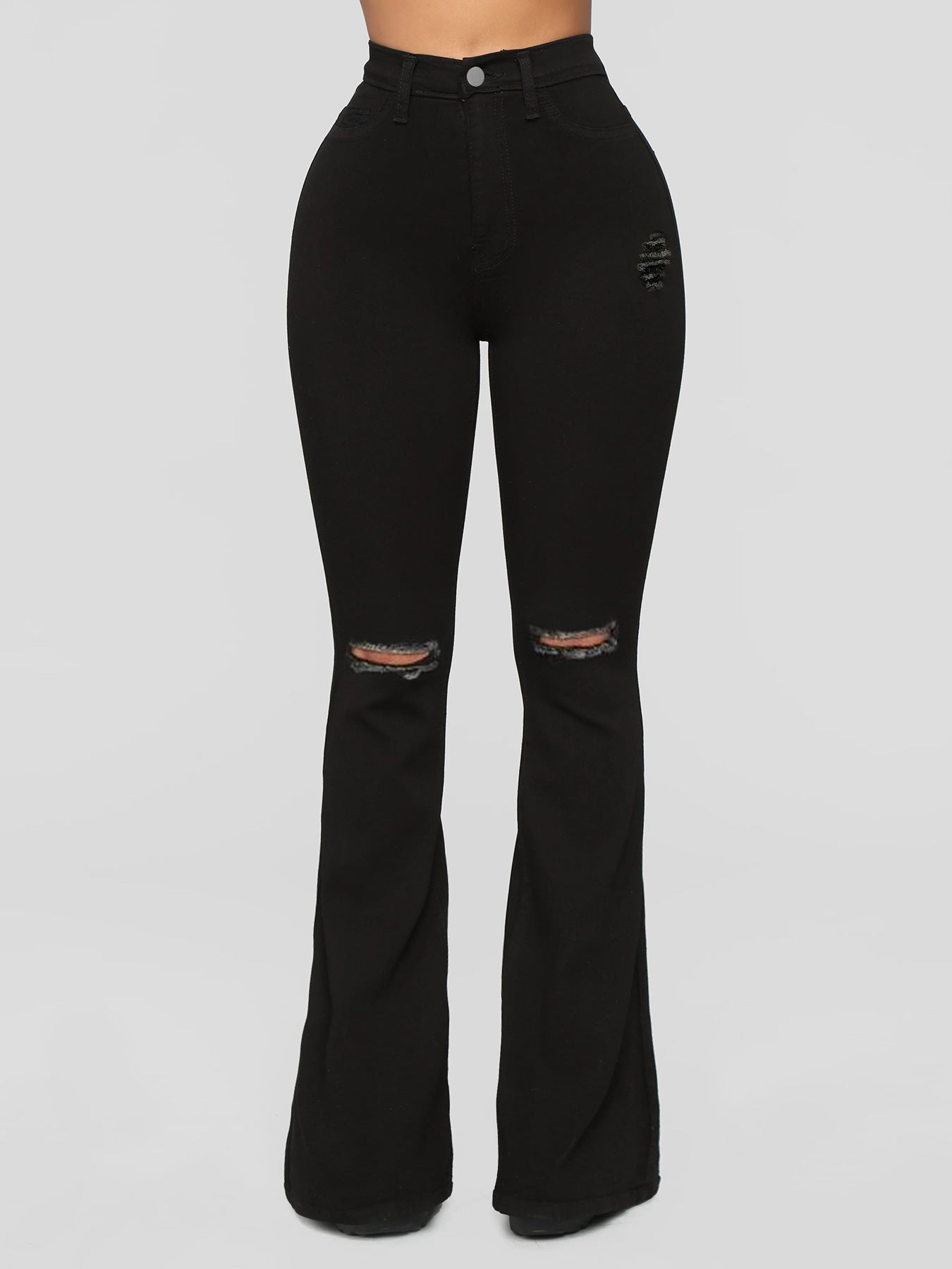 Ladies High-Waist Flared Jeans with Knee Rips and Sculpting Stretch Waistband Chichicherry
