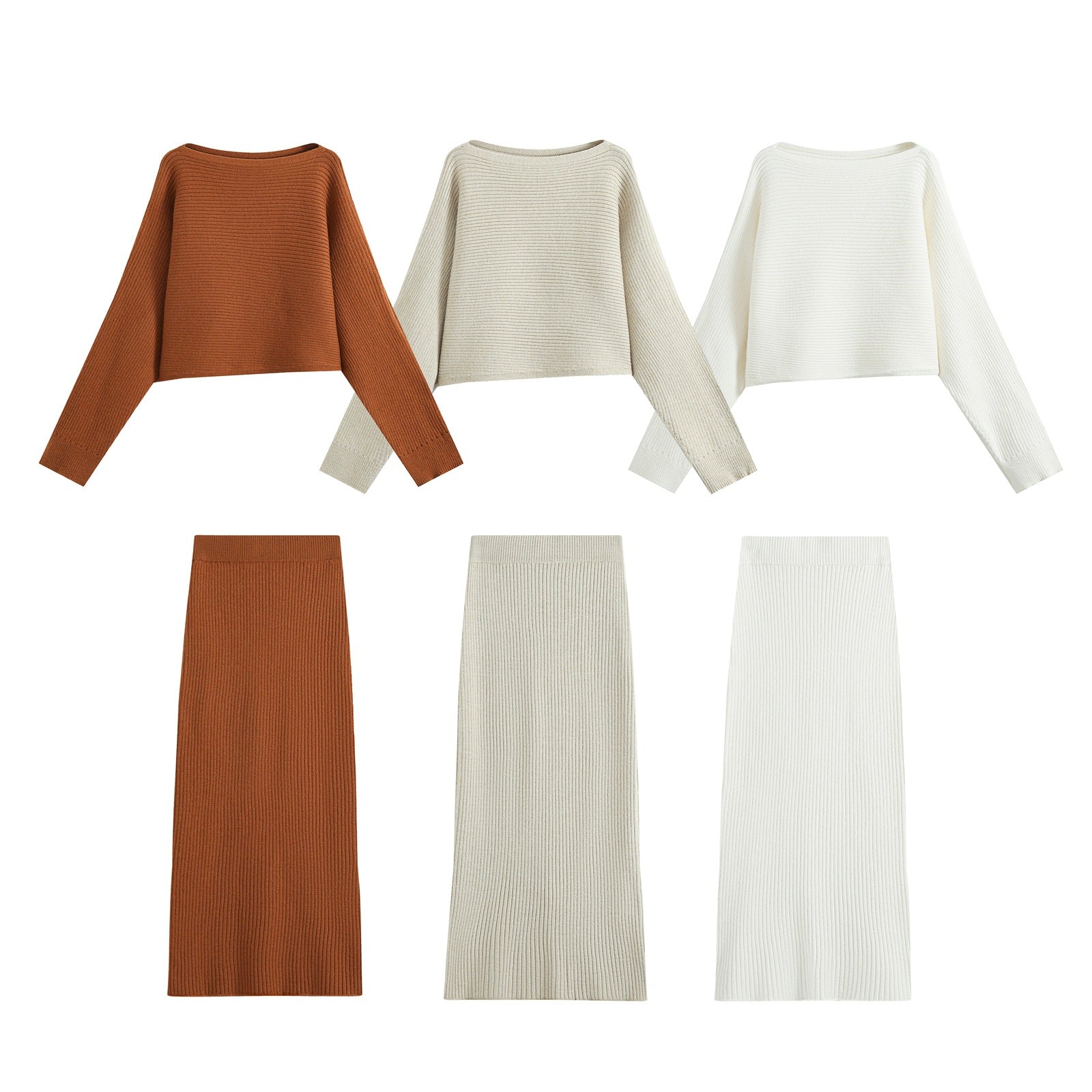 Women's Two-Piece Ribbed Knit Set with Short Sweater and Midi Skirt Chichicherry