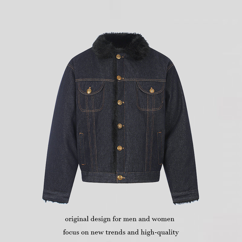 Women's padded denim jacket with faux fur collar, teddy lining and gold button details Chichicherry