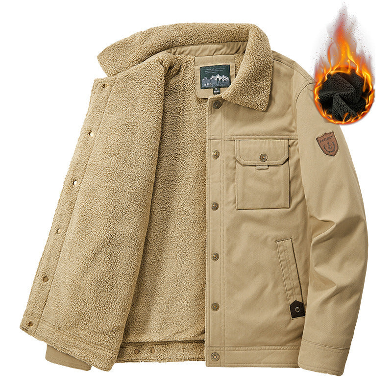 Men's outdoor work jacket made of canvas with warming teddy fleece lining and vintage utility details Chichicherry
