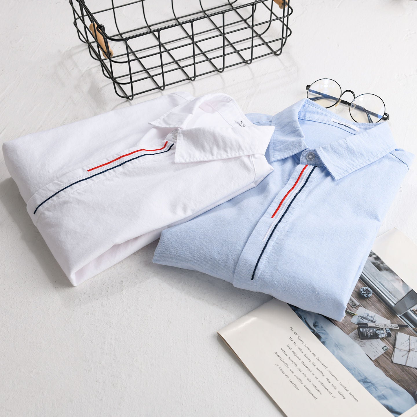 Men's Lightweight Relaxed Oxford Shirt with Kent Collar and Contrast Interior Stripe Chichicherry
