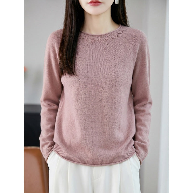 Women Light Fine Knit Crew Neck Sweater with Eyelet Detail and Casual Silhouette Chichicherry