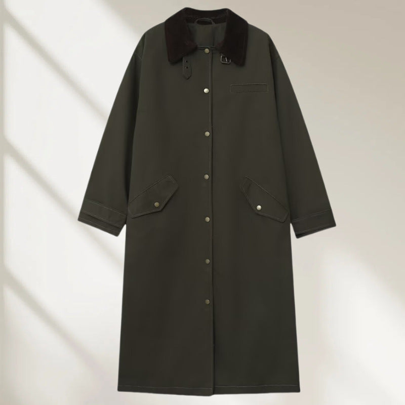 Women’s Long Waterproof Oversized Coat with Cord Collar, Snap Button Placket and Flap Pockets Chichicherry