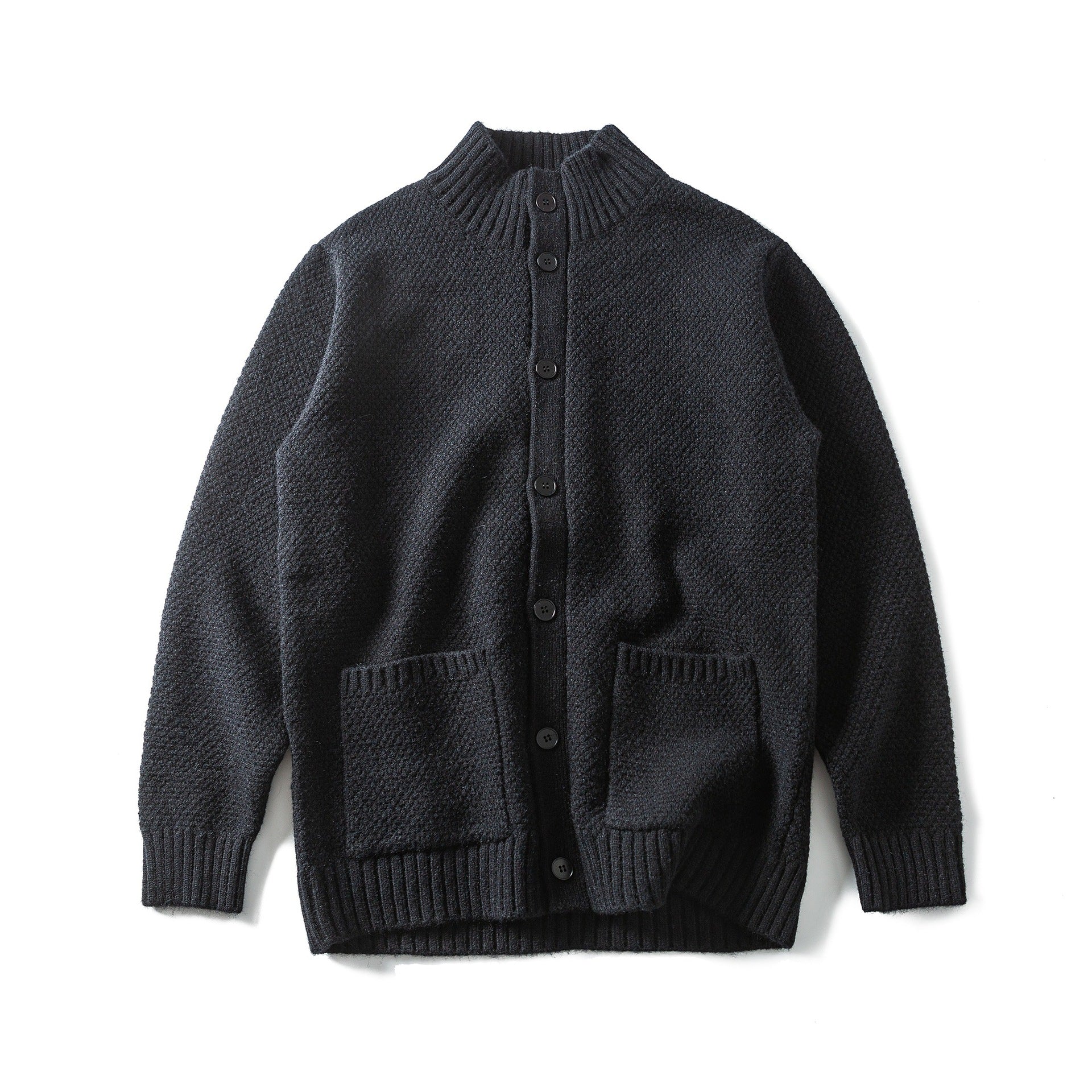 Women's bulky knit cardigan with high ribbed collar, button placket and patch pockets