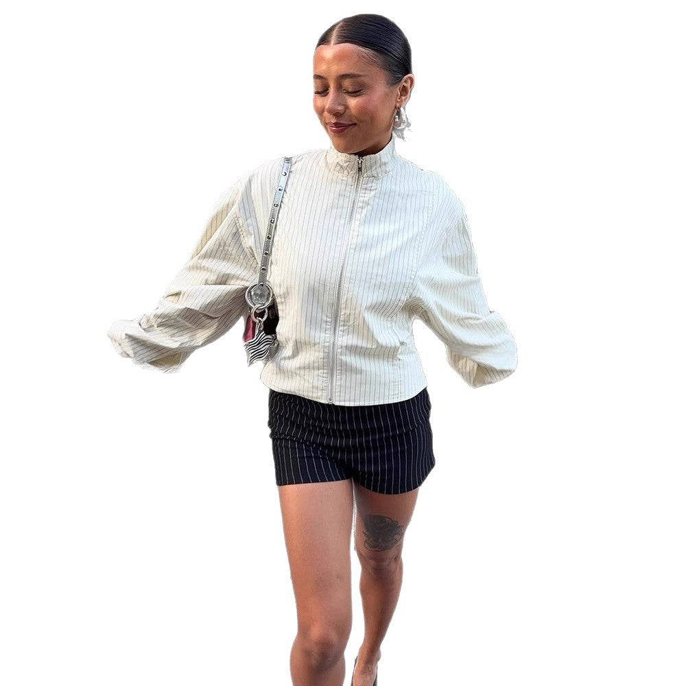 Women Short fitted bomber jacket with stand-up collar and fine pinstripe texture Chichicherry