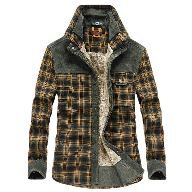 Men's Checkered Shirt Jacket with Teddy Lining, Corduroy Shoulder Yoke and Multifunctional Pockets Chichicherry