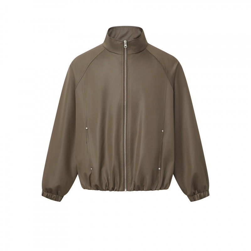 Men's short cut faux leather bomber jacket with stand-up collar, raglan sleeves, and elastic hem Chichicherry