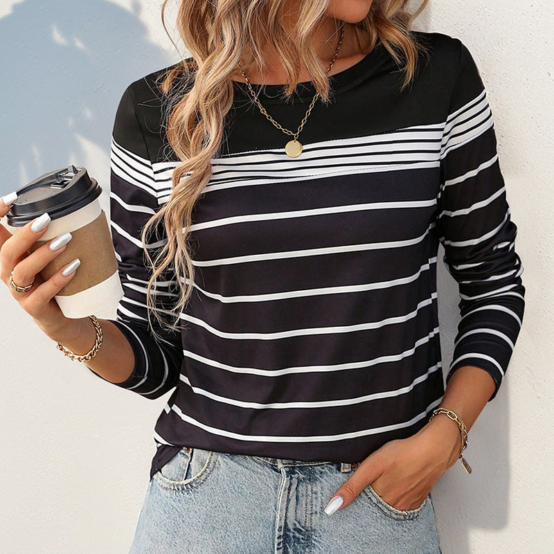 Women's Striped Long Sleeve Shirt with Round Neckline and Contrasted Yoke