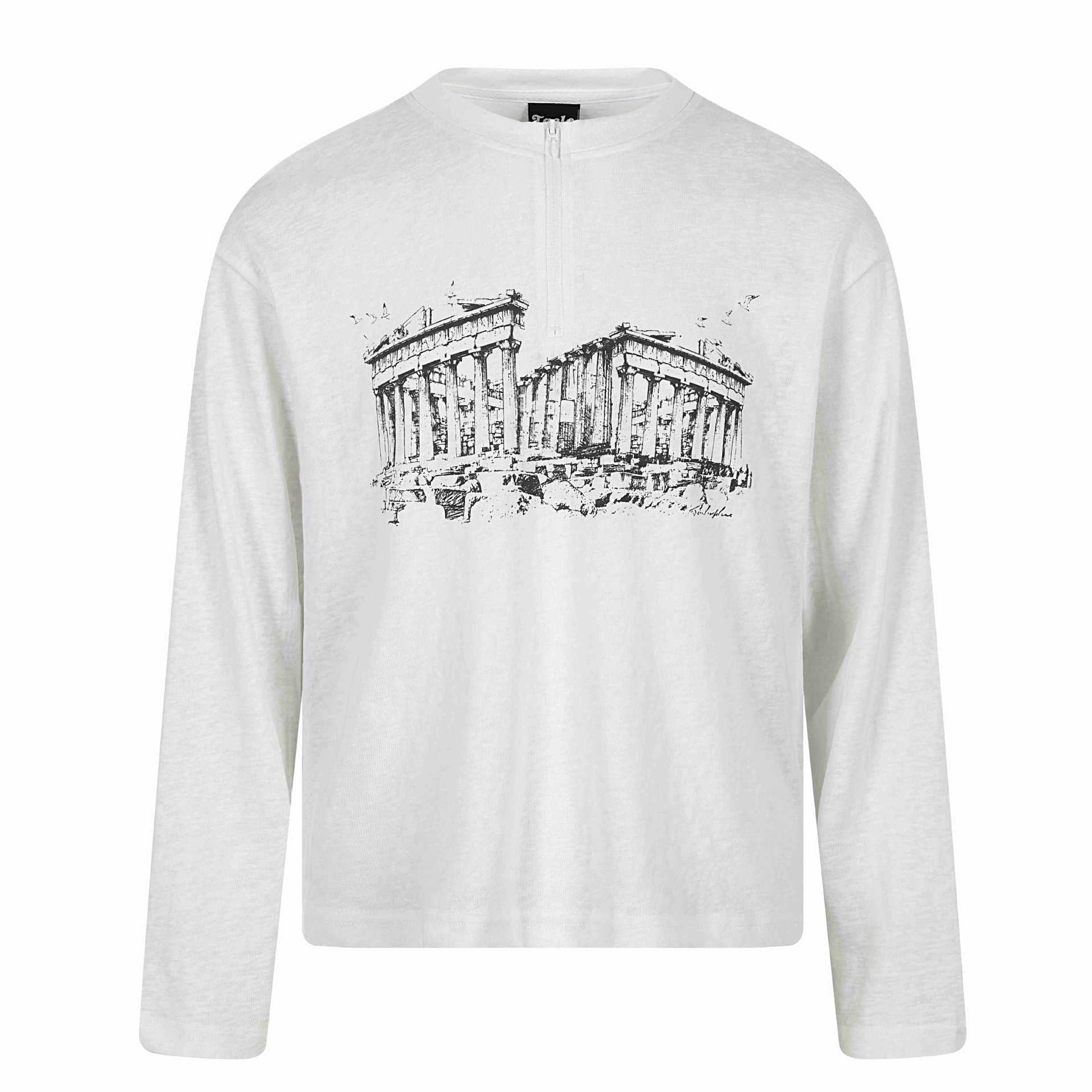 Unisex Long Sleeve Half Zip Shirt with Stand-Up Collar and Parthenon Print Chichicherry