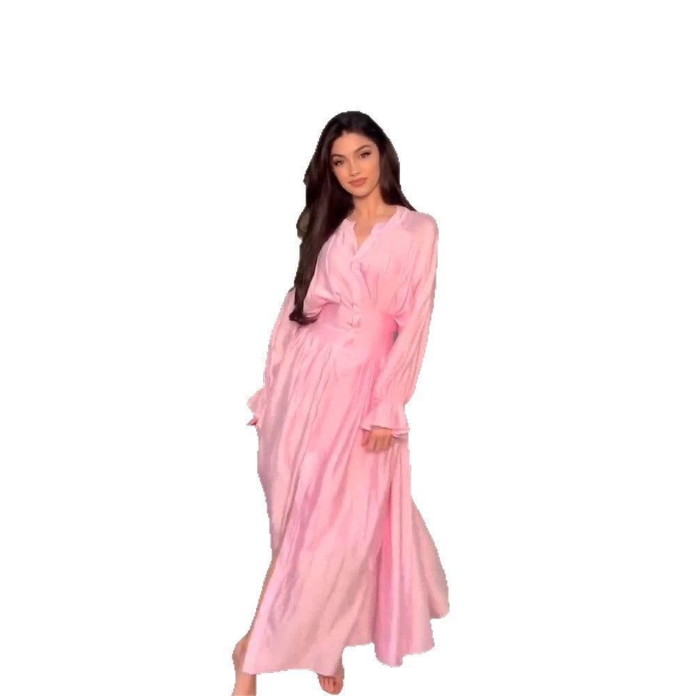 Women's maxi dress made of satin with fitted gathering, stand-up collar and front slit Chichicherry