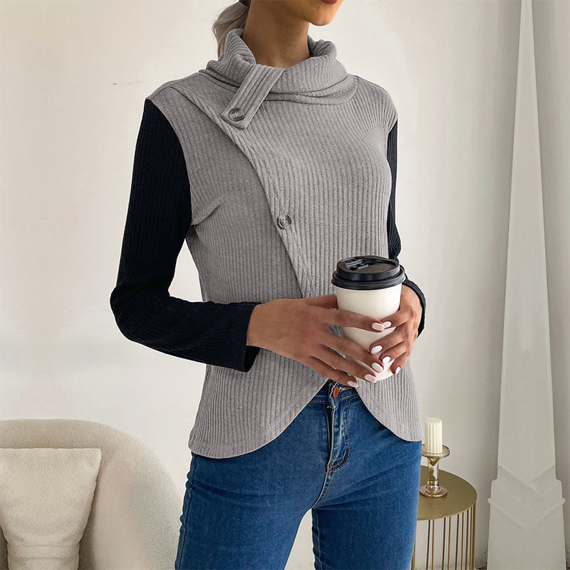Women’s Asymmetrical Rib Knit Top with Button Detail and Stand-Up Collar Chichicherry
