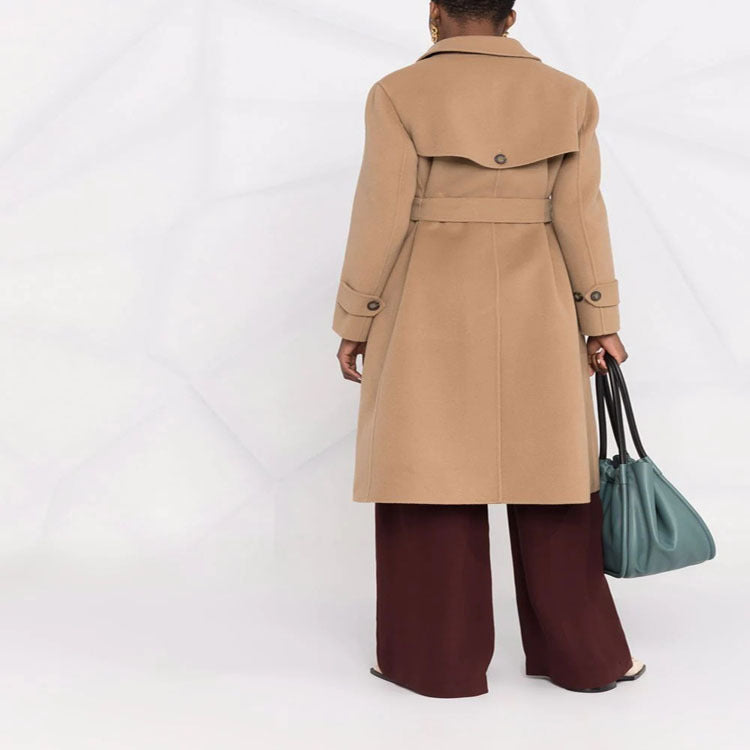 Women's tailored double-breasted wool blend coat with tie belt and A-line cut Chichicherry