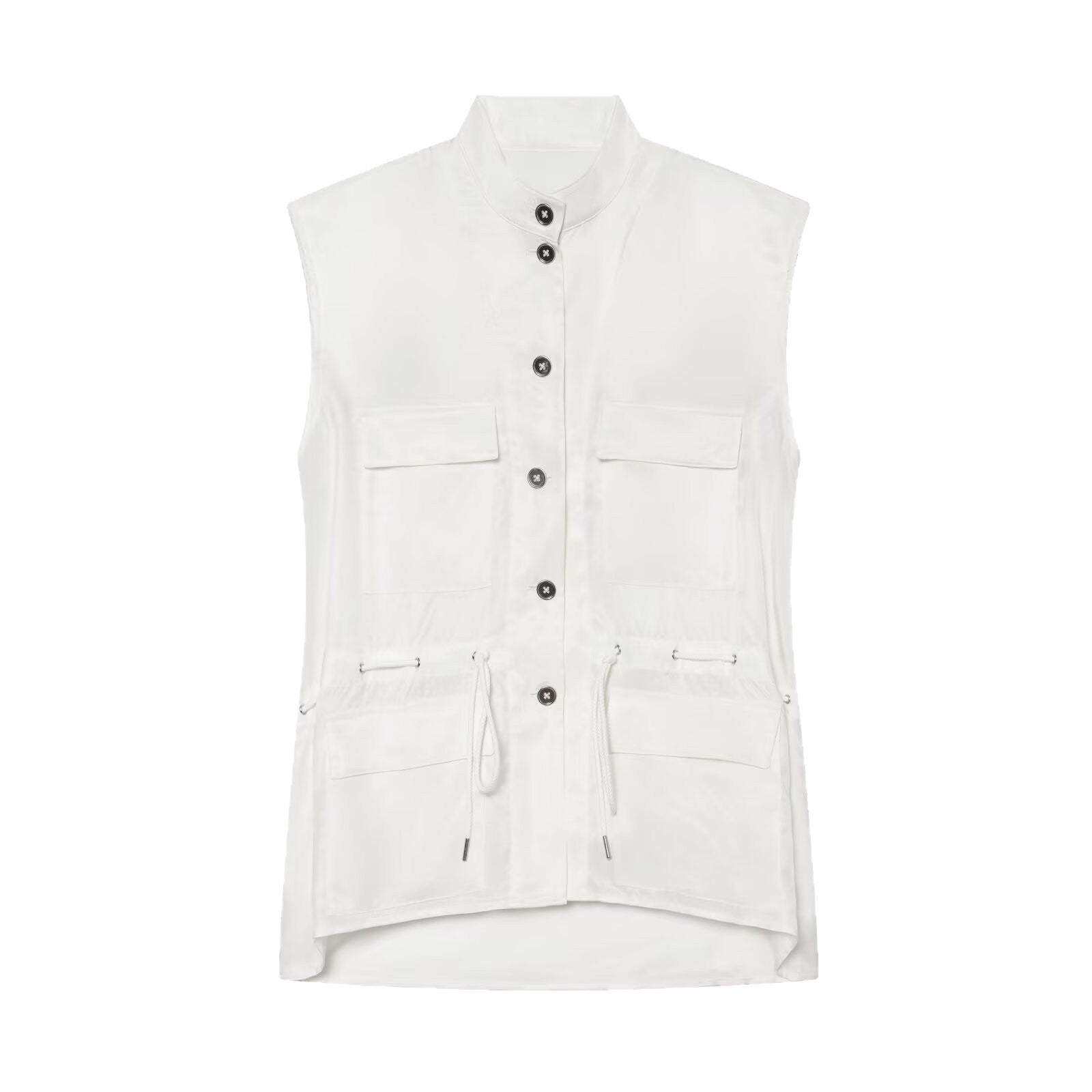 Women’s Utility Vest with Drawstring, Flap Pockets and Stand Collar Chichicherry