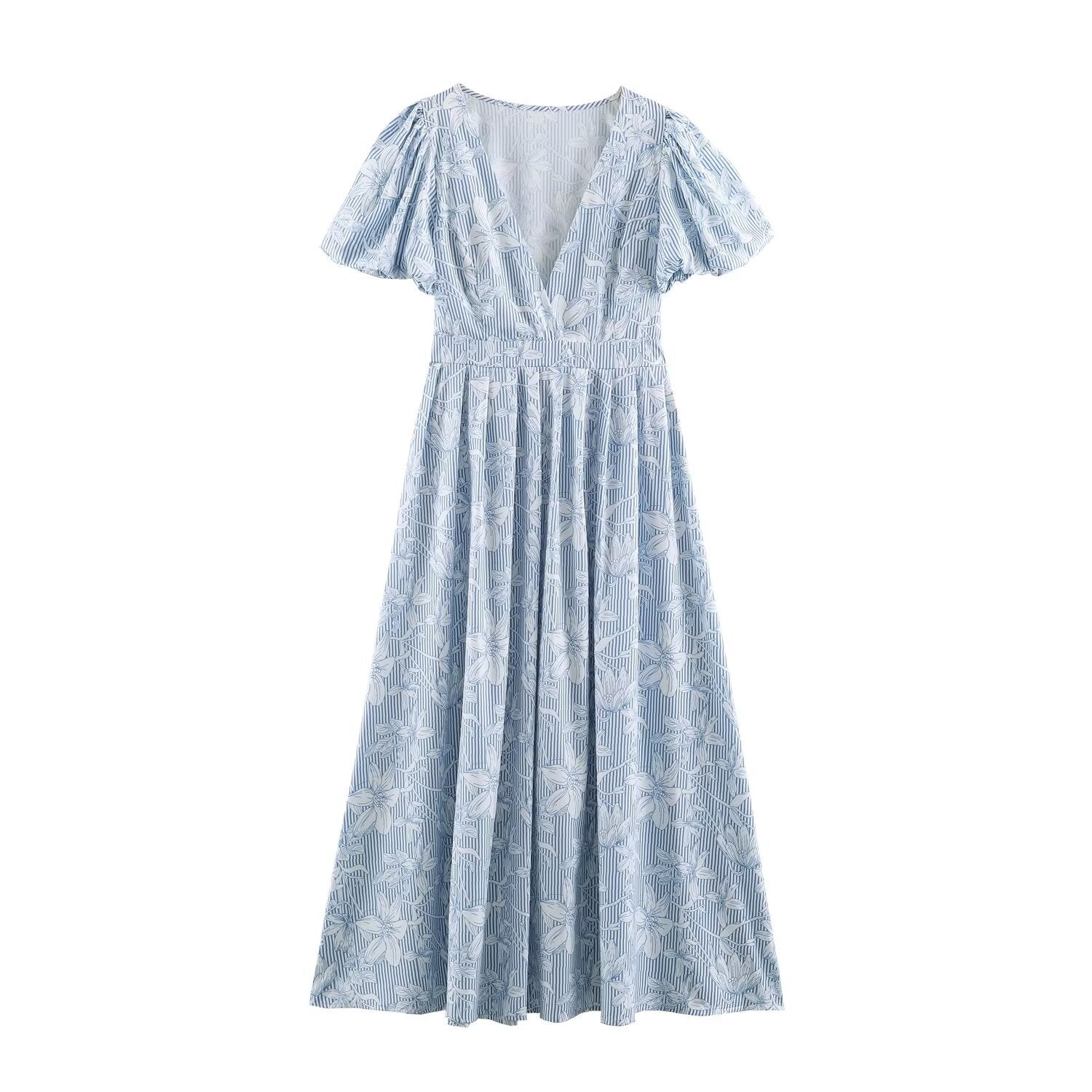 Women’s midi dress with deep V-neck, puff sleeves and tailored A-line skirt Chichicherry