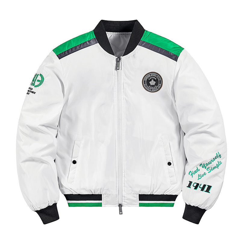 Men's Short Cut Nylon Bomber Jacket with Sporty Shoulder Piping, Logo Applications and Double Zipper Chichicherry
