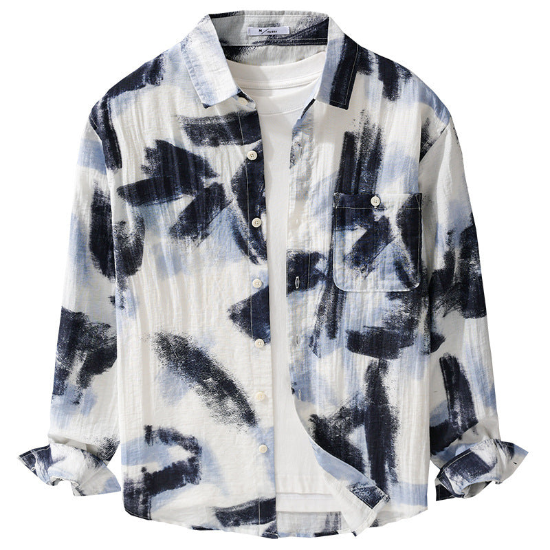 Men's Long Sleeve Shirt Jacket with Abstract Brush Print and Fine Crinkle Structure Chichicherry