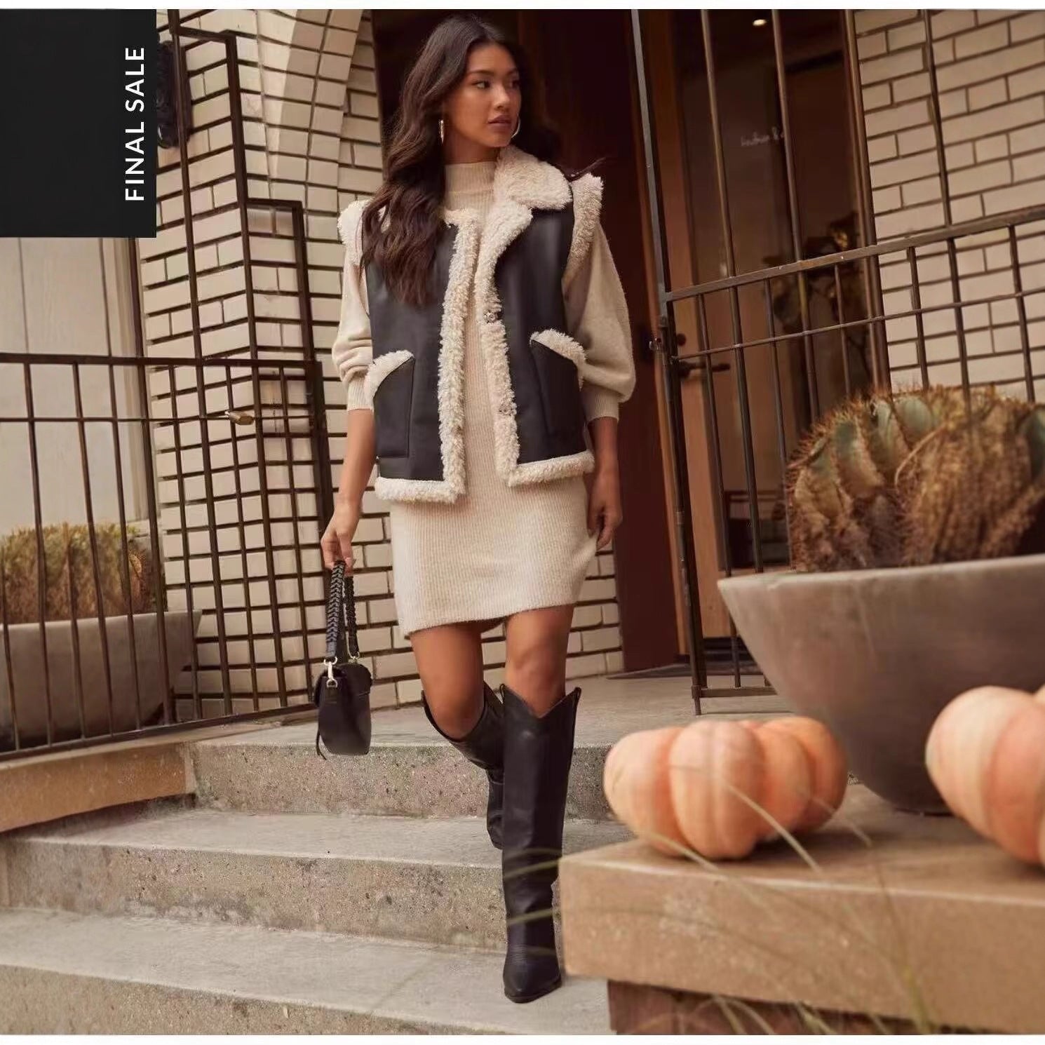 Women's Sleeveless Lambskin Look Vest with Notched Collar and Patch Pockets Chichicherry
