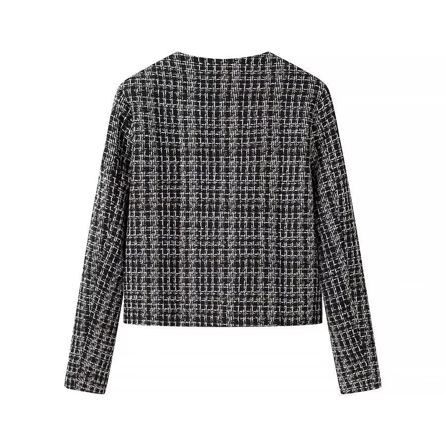 Women Short Boucle Tweed Jacket with Round Neck, Decorative Decorative Buttons and Patch Pockets Chichicherry