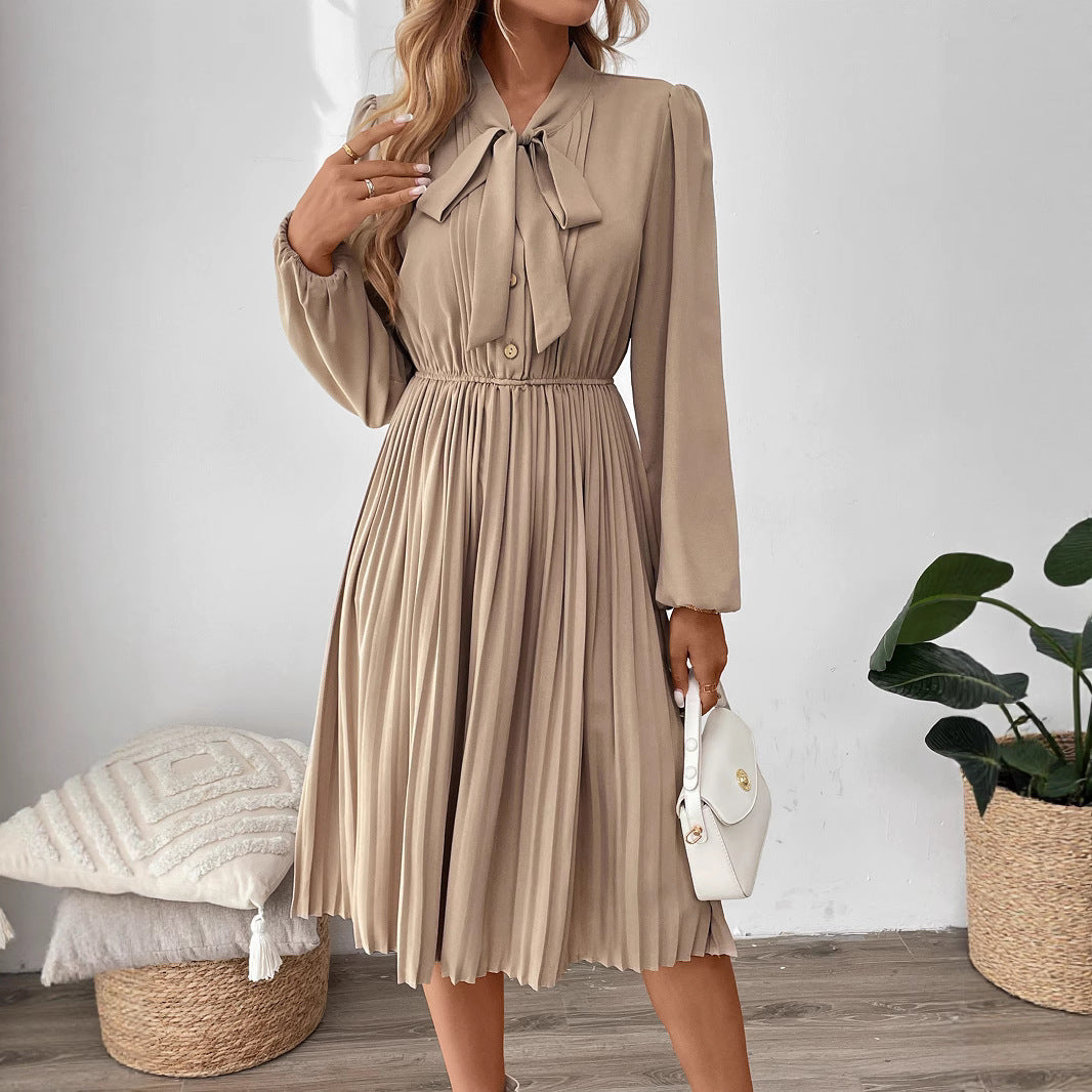 Women Pleated Midi Dress with Tie Collar, Elastic Waistline and Long Balloon Sleeves Chichicherry