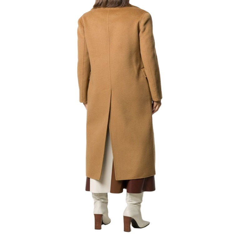 Women's Floor-Length Double-Breasted Wool Blend Long Coat with Subtle Walking Slit and Wide Shawl Collar Chichicherry