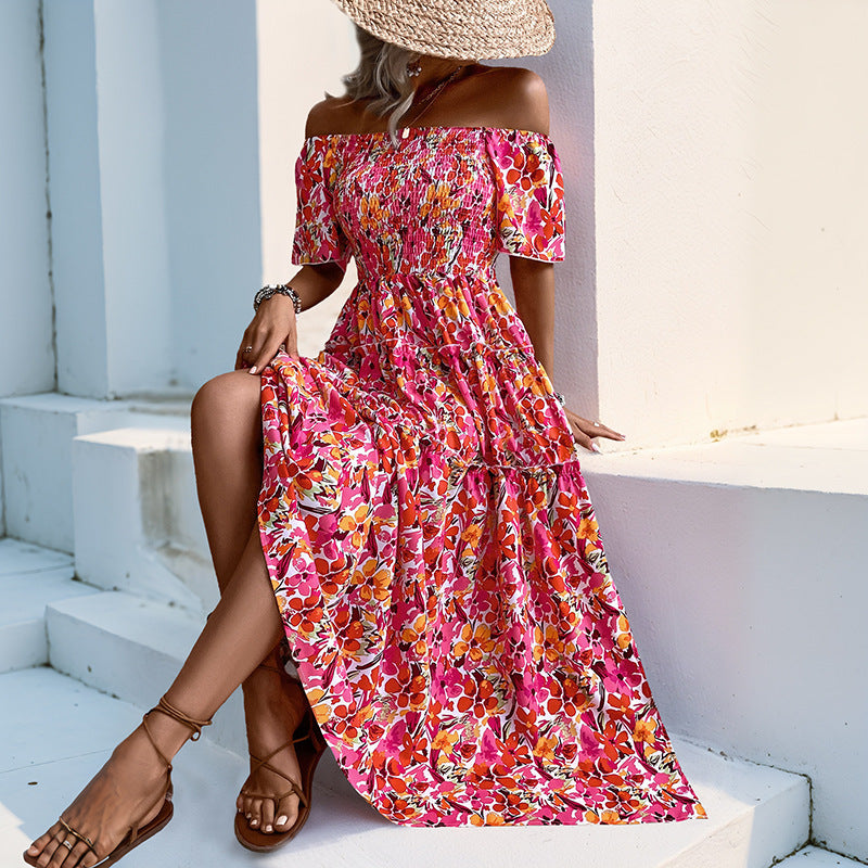 Women's Tiered Maxi Dress with Off-the-Shoulder Neckline, Smocked Bustier and Side Slit Chichicherry