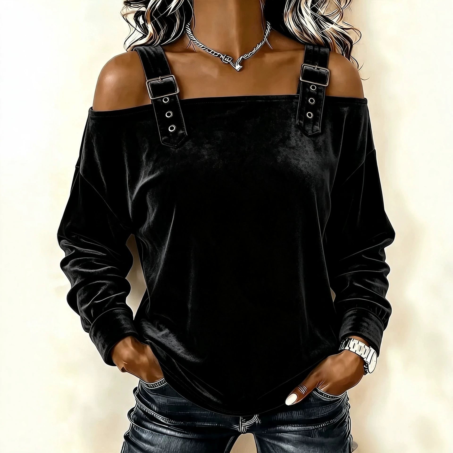 Women's Off-The-Shoulder Velvet Top with Adjustable Strap and Casual Oversized Fit Chichicherry