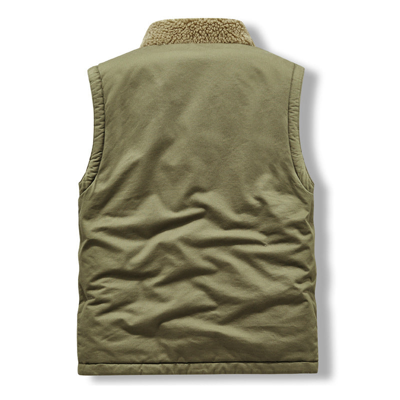 Men's Sleeveless Thermal Vest in Military Style with Teddy Lining and Stand-Up Collar Chichicherry