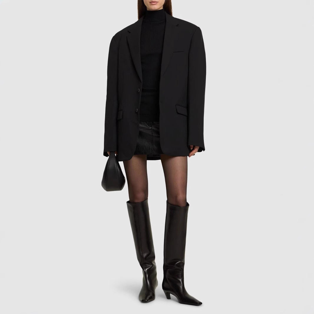 Women Knee-high Leather Boots with Pointed Silhouette and Mid Heel Chichicherry